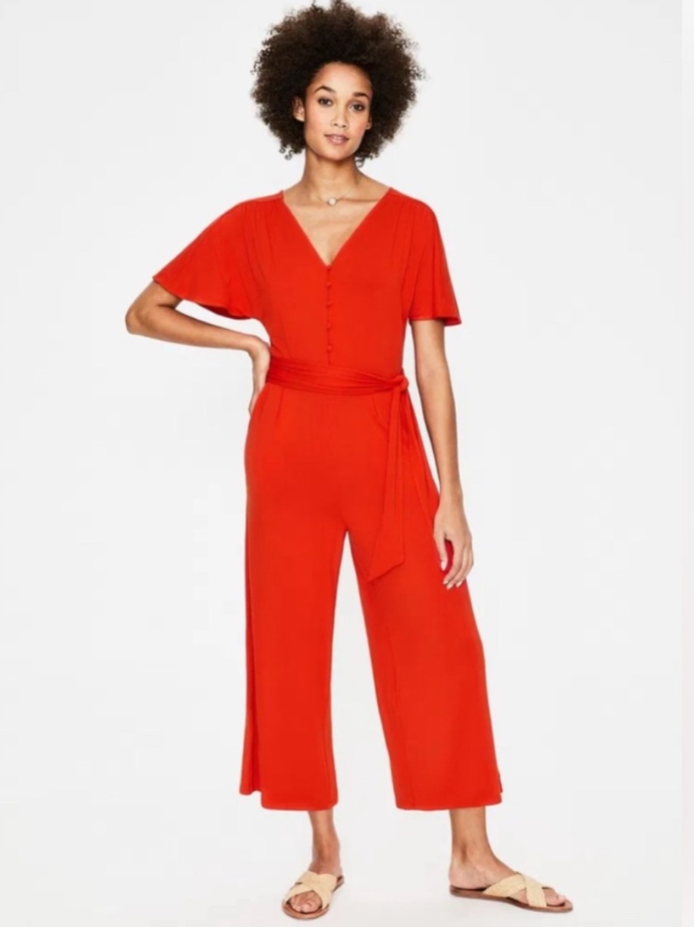 Boden Petite Ella Jersey Poppy Red V-Neck Button-Front Jumpsuit Size 6P